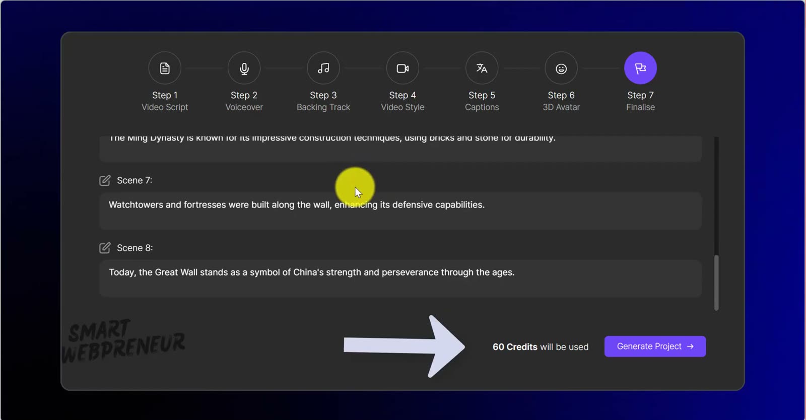 The final step of the AI Shorts Builder showing the generated script and the label 60 Credits will be used beside the Generate Project button