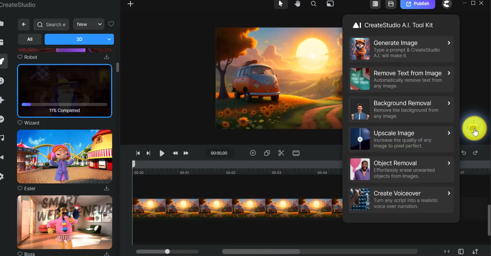 The CreateStudio A.I. Tool Kit menu listing Generate Image, Remove Text from Image, Background Removal, Upscale Image, Object Removal and Create Voiceover