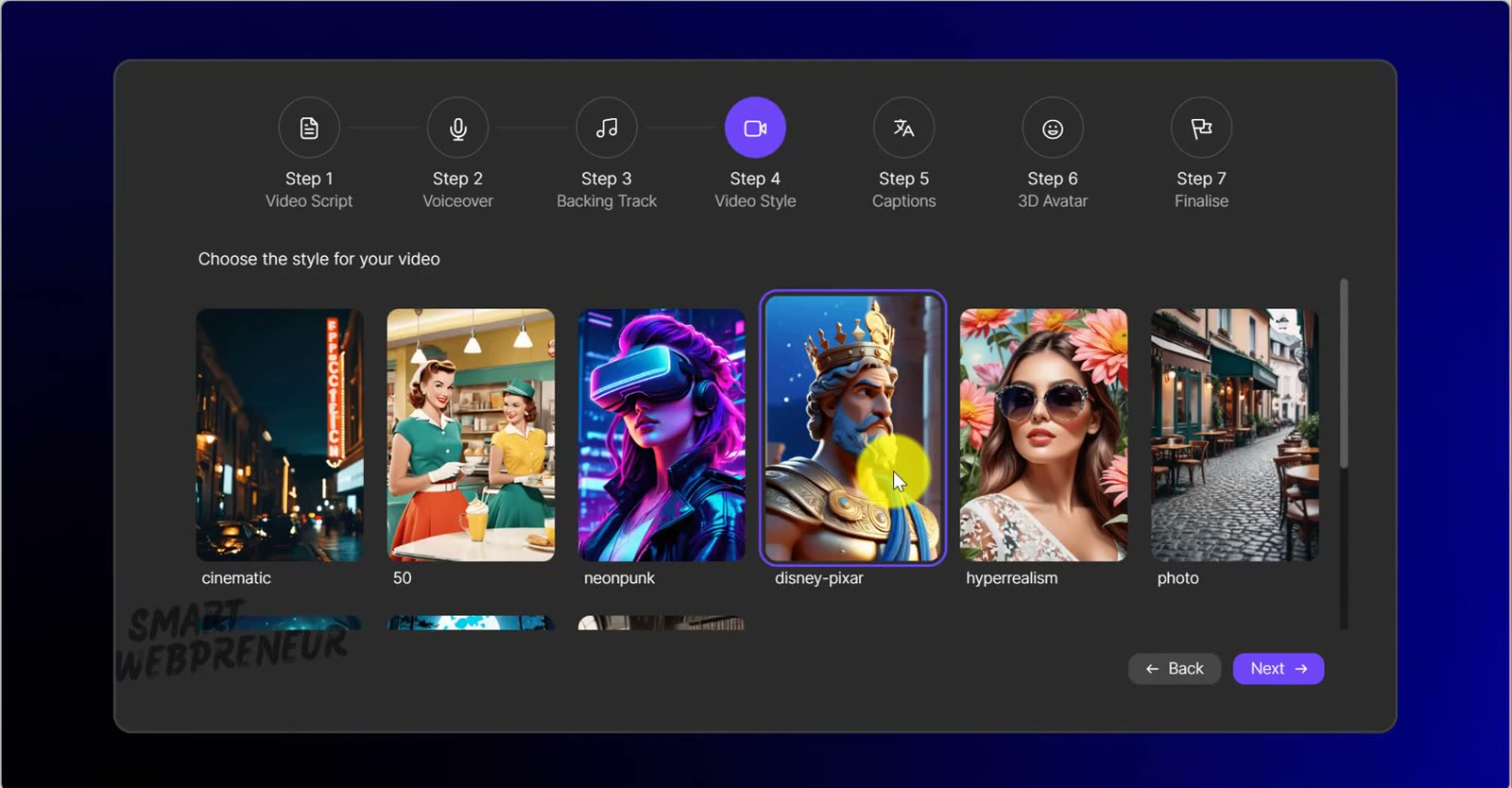 Step 4 of the AI Shorts Builder, Video Style, showing cinematic, 50s, neonpunk, disney-pixar, hyperrealism and photo options
