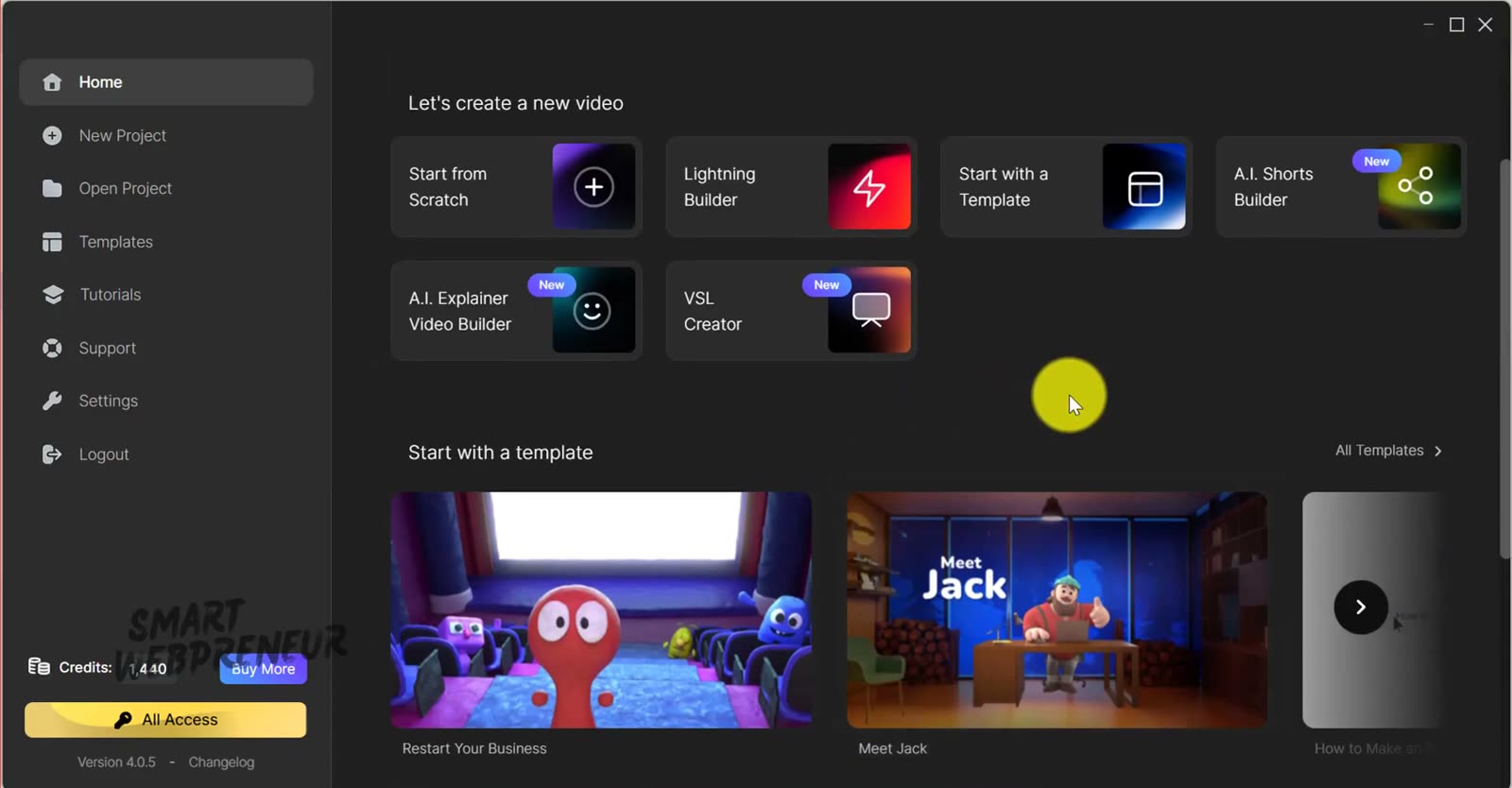 CreateStudio 4.0 home screen showing six ways to start a video, with a credit balance of 1,440 and an All Access badge in the sidebar