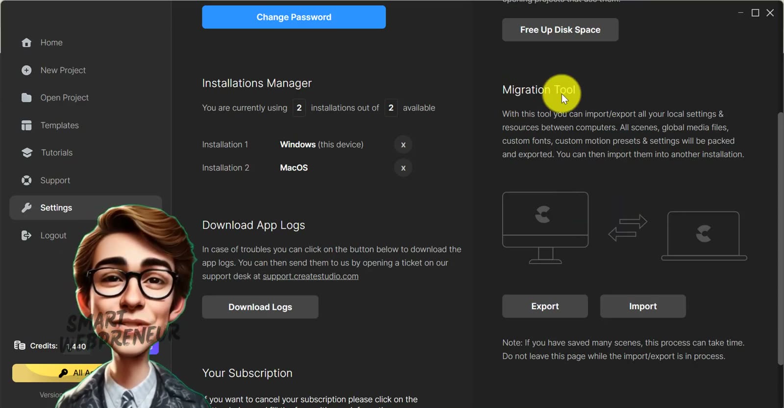 CreateStudio 4.0 Settings screen showing the Installations Manager and the Migration Tool's Export and Import buttons