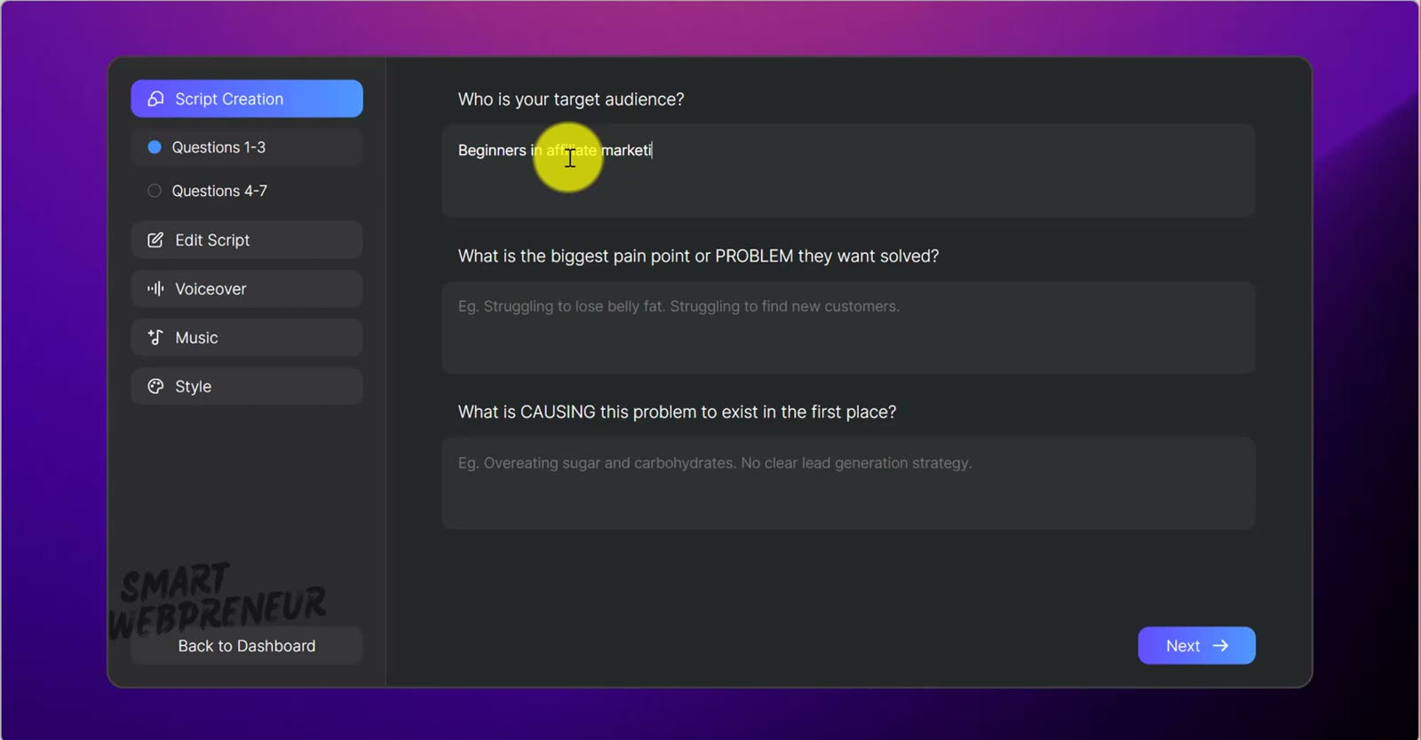 The CreateStudio 4.0 VSL Creator asking who is your target audience and what is the biggest pain point or problem they want solved